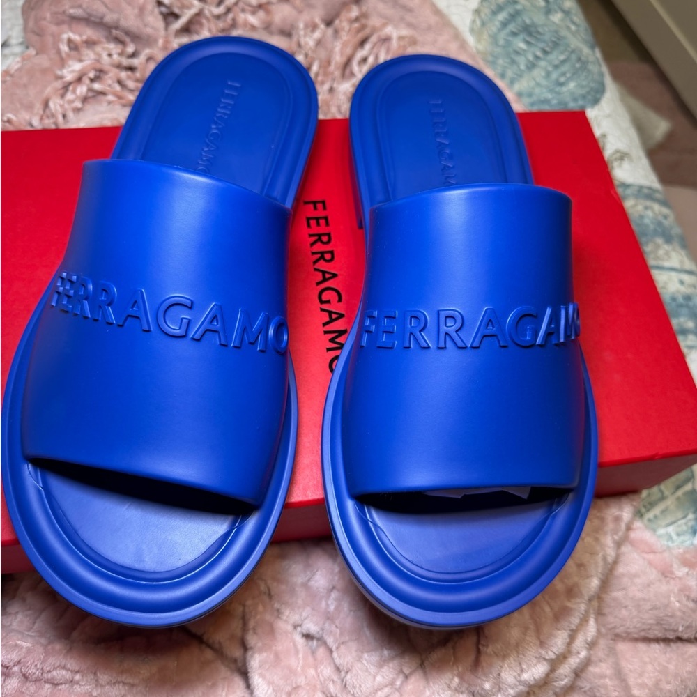Salvatore Ferragamo Blue Slide Sandals